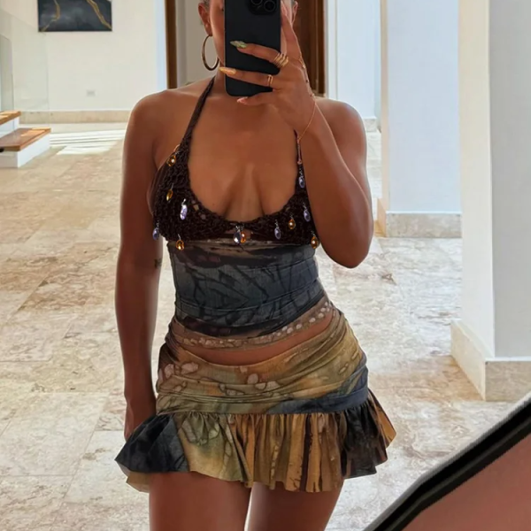 Weird Puss Vintage Women 2 Piece Set Knit Patchwork Diamond Tassels Halter Backless Tops+Ruffles Hem Skirts Vacation Clubwear