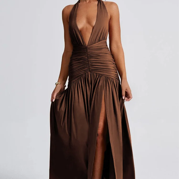 Weird Puss Ruffles Splits Dress Woman Summer Deep V-Neck Halter Backless Elegant Patchwork Solid Party Coquette Sexy Vestidos 2