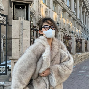 Lautaro Autumn Winter Oversized Loose Casual Luxury Soft Thick Warm Hairy Faux Fox Fur Coat Women Long Sleeve Fluffy Jacket 2024
