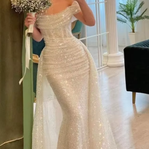 Bella White Glitter Prom Dresses Shiny Sequins Mermaid Wedding Dress Customized Long Train Off Shoulder Vestidos De Fiesta 2024