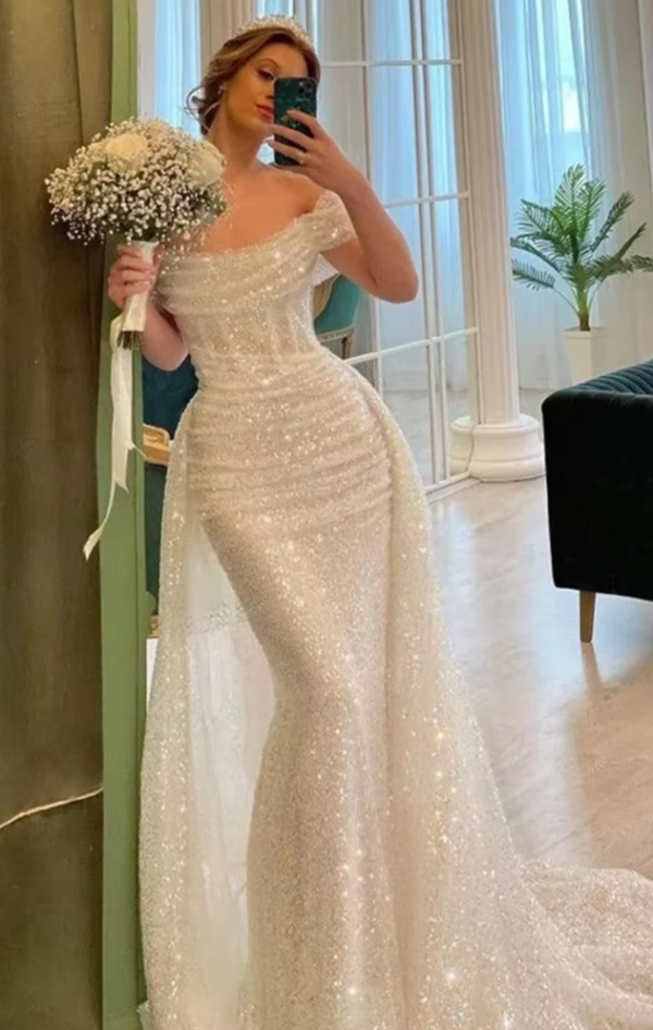 Bella White Glitter Prom Dresses Shiny Sequins Mermaid Wedding Dress Customized Long Train Off Shoulder Vestidos De Fiesta 2024