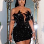 Feathered Sequin Strapless V-Neck Black Bodycon Mini Dress