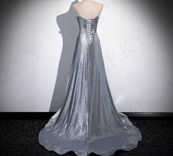 Silver Sequin A Line Prom Dress Strapless Beading Detachable Bow Special Occasion Dresses 2024 Backless فساتين للمناسبات الخاصة 3