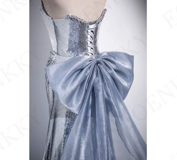 Silver Sequin A Line Prom Dress Strapless Beading Detachable Bow Special Occasion Dresses 2024 Backless فساتين للمناسبات الخاصة 5
