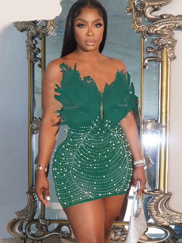 Znaiml Sexy Feathers Rhinestones Backless Diamond Sheer Mesh Bodycon Dresses for Woman Rave Club Birthday Party Night Vestidos 2