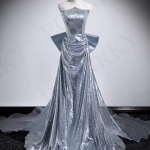 Silver Sequin Strapless A-Line Prom Dress with Bow and Beading