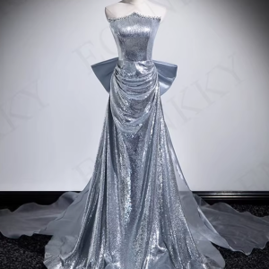 Silver Sequin A Line Prom Dress Strapless Beading Detachable Bow Special Occasion Dresses 2024 Backless فساتين للمناسبات الخاصة