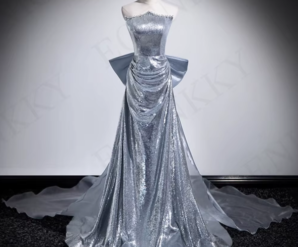Silver Sequin A Line Prom Dress Strapless Beading Detachable Bow Special Occasion Dresses 2024 Backless فساتين للمناسبات الخاصة