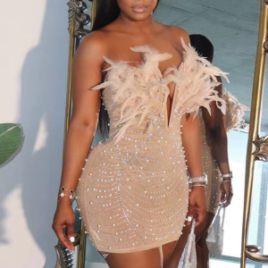 Znaiml Sexy Feathers Rhinestones Backless Diamond Sheer Mesh Bodycon Dresses for Woman Rave Club Birthday Party Night Vestidos