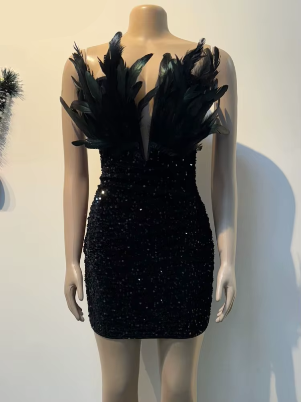 Znaiml Luxury Birthday Women’s Feathers Sequin Strapless Deep V-neck Black Bodycon Mini Dresses Sexy Club Party Night Prom Robe 3
