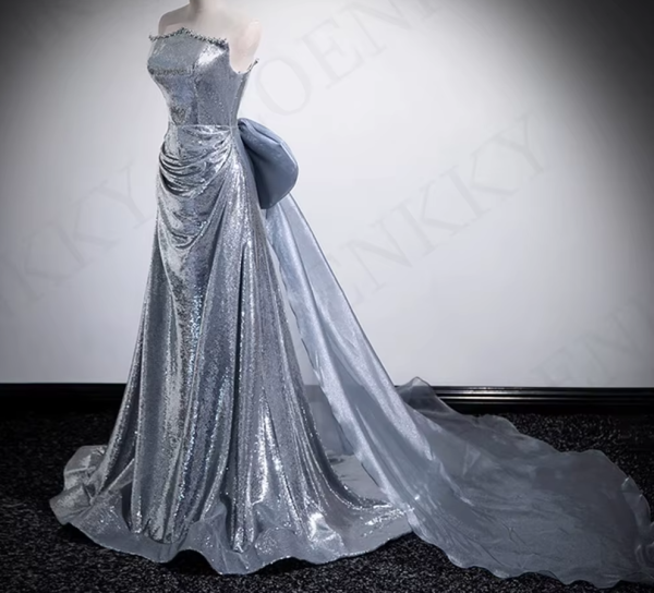 Silver Sequin A Line Prom Dress Strapless Beading Detachable Bow Special Occasion Dresses 2024 Backless فساتين للمناسبات الخاصة 2