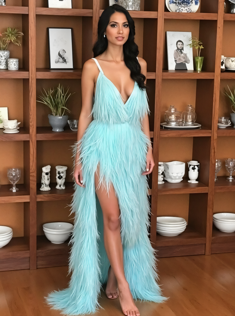 Blue Feather Backless Prom formal Dress