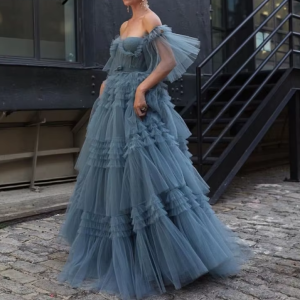 Aixiangsha Dusty Blue Fairy Evening Dresses Off The Shoulder Short Puffy Sleeve Tiered Women Couture Prom Robe de Soriee