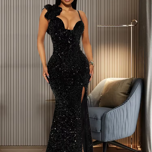 New Sexy Slit Leg Padded Long Cocktail Prom Dress Women‘s Luxury Sequin Strap Evening Party Wedding Gown Birthday Night Vestidos 3
