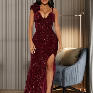 New Sexy Slit Leg Padded Long Cocktail Prom Dress Women‘s Luxury Sequin Strap Evening Party Wedding Gown Birthday Night Vestidos
