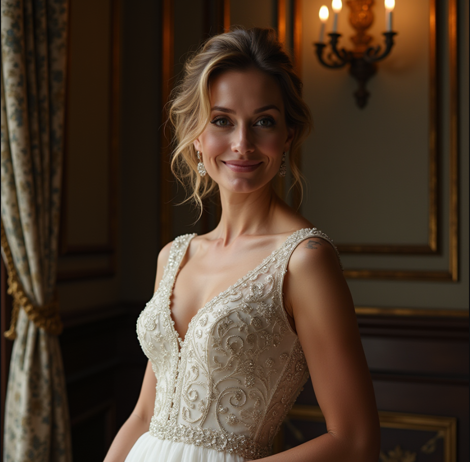 a mother of the groom smiling posing for her sons special day ina a formal dress