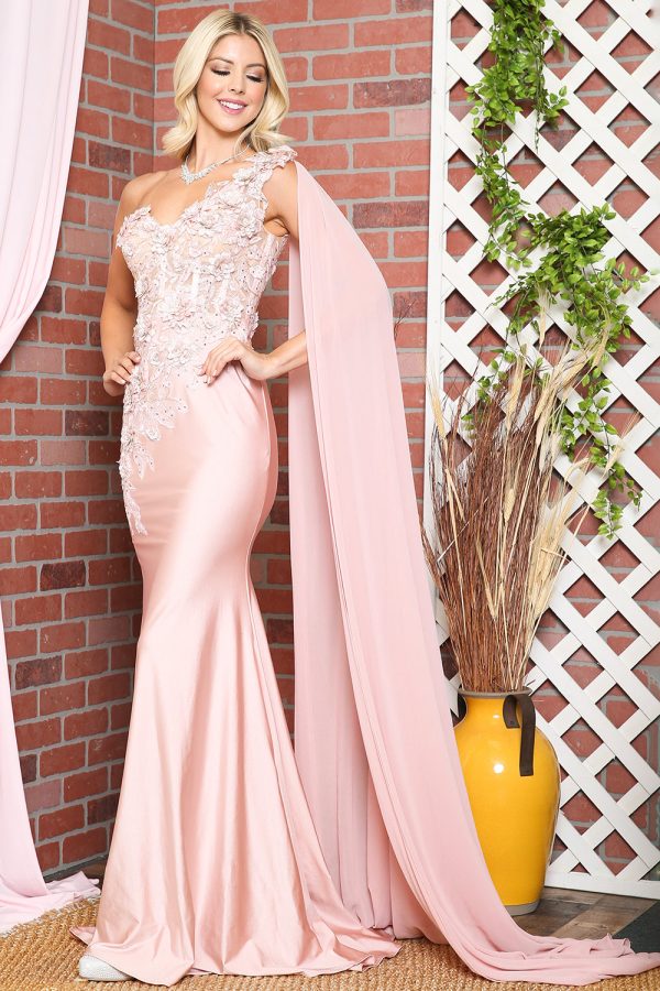Strap One Shoulder 3D Floral Applique Mermaid Long Evening & Prom Dress AC388 - Image 2