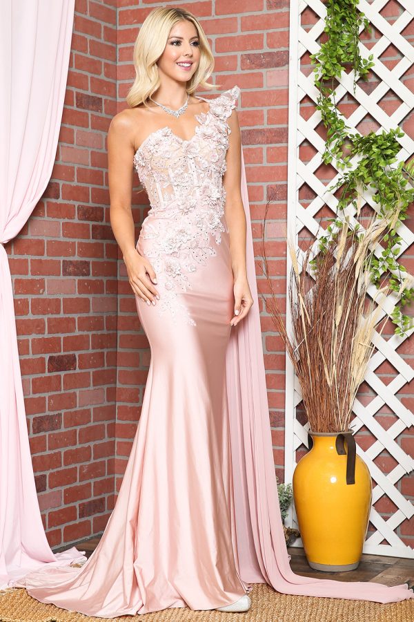 Strap One Shoulder 3D Floral Applique Mermaid Long Evening & Prom Dress AC388 - Image 3