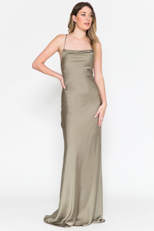 Cowl Neck Spaghetti Straps Satin Long Wedding & Evening Dress AC6111 - Image 38