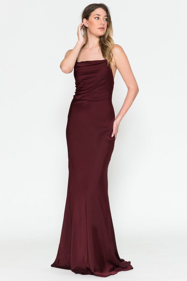 Cowl Neck Spaghetti Straps Satin Long Wedding & Evening Dress AC6111 - Image 67