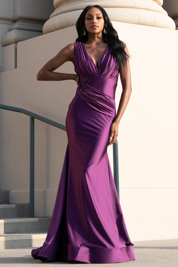 Sleeveless Fit & Flare Lycra Ruched Waist Plunge Neck Long Prom Dress AC370-1 - Image 3