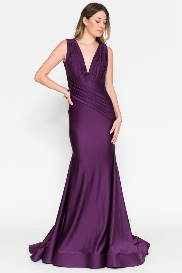 Sleeveless Fit & Flare Lycra Ruched Waist Plunge Neck Long Prom Dress AC370-1 - Image 6