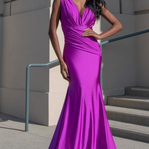 Sleeveless Fit & Flare Lycra Ruched Waist Plunge Neck Long Prom Dress AC370-1