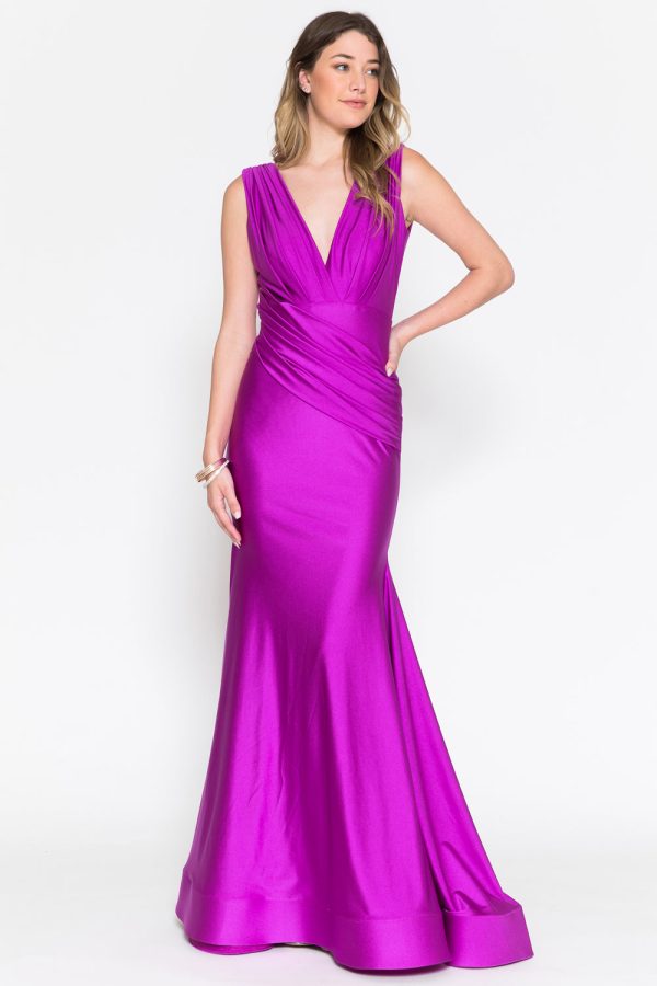 Sleeveless Fit & Flare Lycra Ruched Waist Plunge Neck Long Prom Dress AC370-1 - Image 16