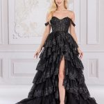 Off Shoulder Embellished Glitter Sweetheart Layered Skirt Long Prom Dress ACTM1012