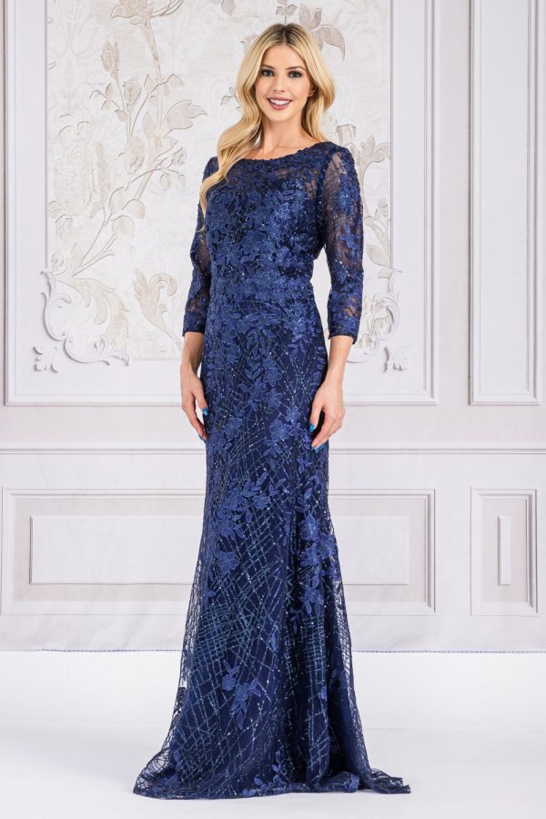 Embroidered Lace Trumpet Sheer 3/4 Sleeves Long Mother Of The Bride Dress AC7045 Sale - Image 3
