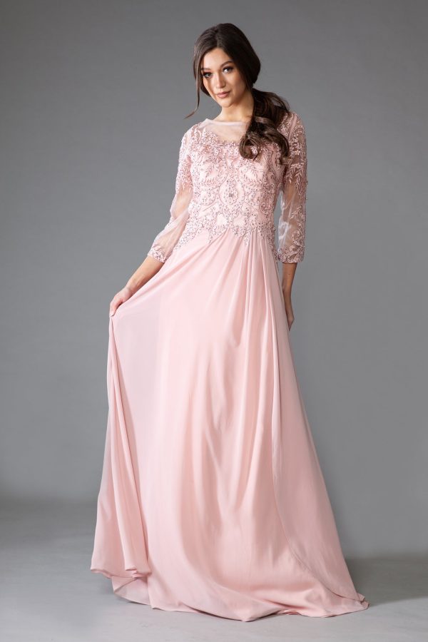 Sheer Sleeves Embroidered Lace Bodice Long Mother Of The Bride Dress AC7043