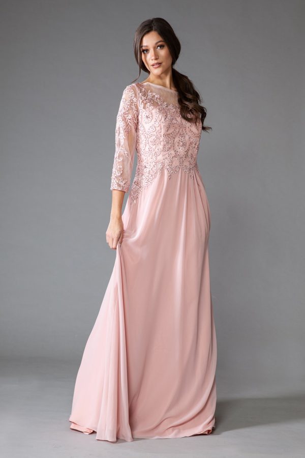 Sheer Sleeves Embroidered Lace Bodice Long Mother Of The Bride Dress AC7043 - Image 4