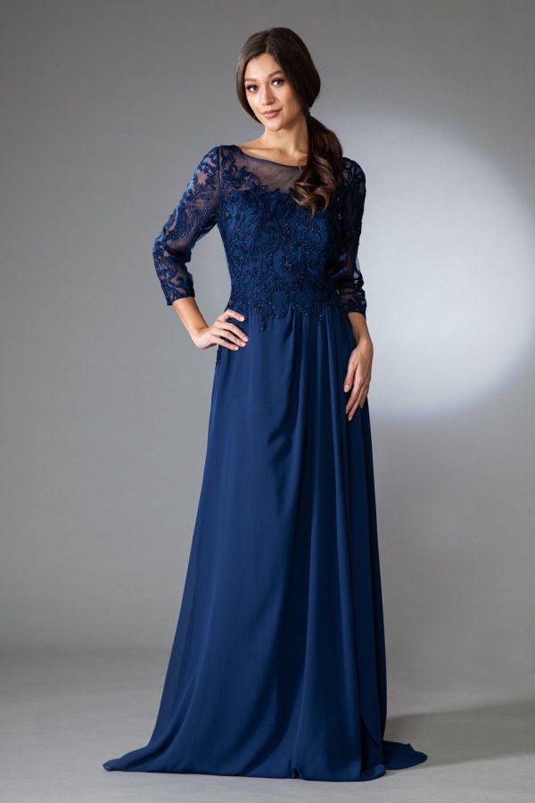 Sheer Sleeves Embroidered Lace Bodice Long Mother Of The Bride Dress AC7043 - Image 6