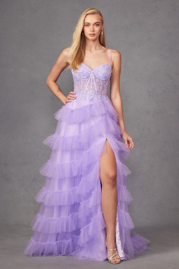 Fitted Beaded Tulle Ruffle Skirt Side Slit Lace Corset Long Prom Dress JTJT2459A - Image 3