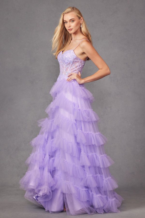 Fitted Beaded Tulle Ruffle Skirt Side Slit Lace Corset Long Prom Dress JTJT2459A - Image 5