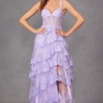 Tulle Lace Sequin Fitted Sheer Corset Bodice Ruffle Skirt High Slit Prom Dress JTJT2463A