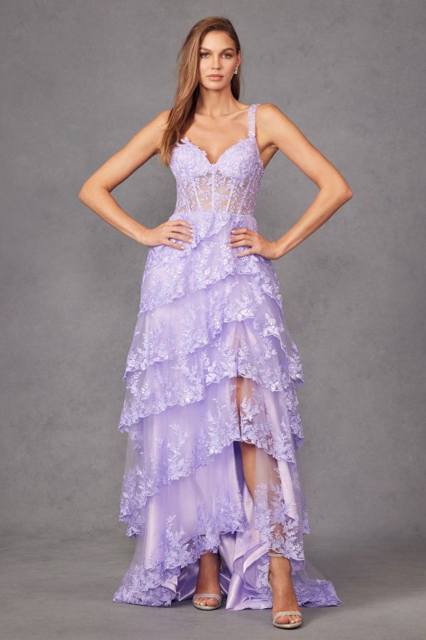 Tulle Lace Sequin Fitted Sheer Corset Bodice Ruffle Skirt High Slit Prom Dress JTJT2463A - Image 13