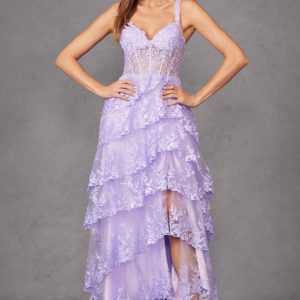 Tulle Lace Sequin Fitted Sheer Corset Bodice Ruffle Skirt High Slit Prom Dress JTJT2463A