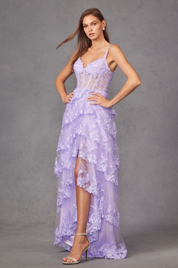 Tulle Lace Sequin Fitted Sheer Corset Bodice Ruffle Skirt High Slit Prom Dress JTJT2463A - Image 3