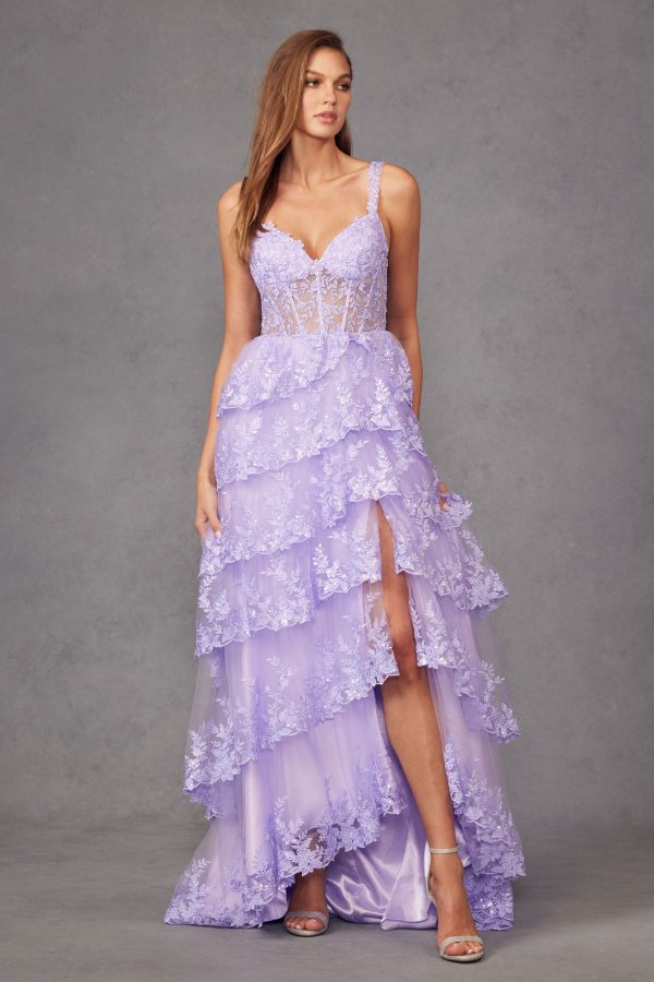 Tulle Lace Sequin Fitted Sheer Corset Bodice Ruffle Skirt High Slit Prom Dress JTJT2463A - Image 5