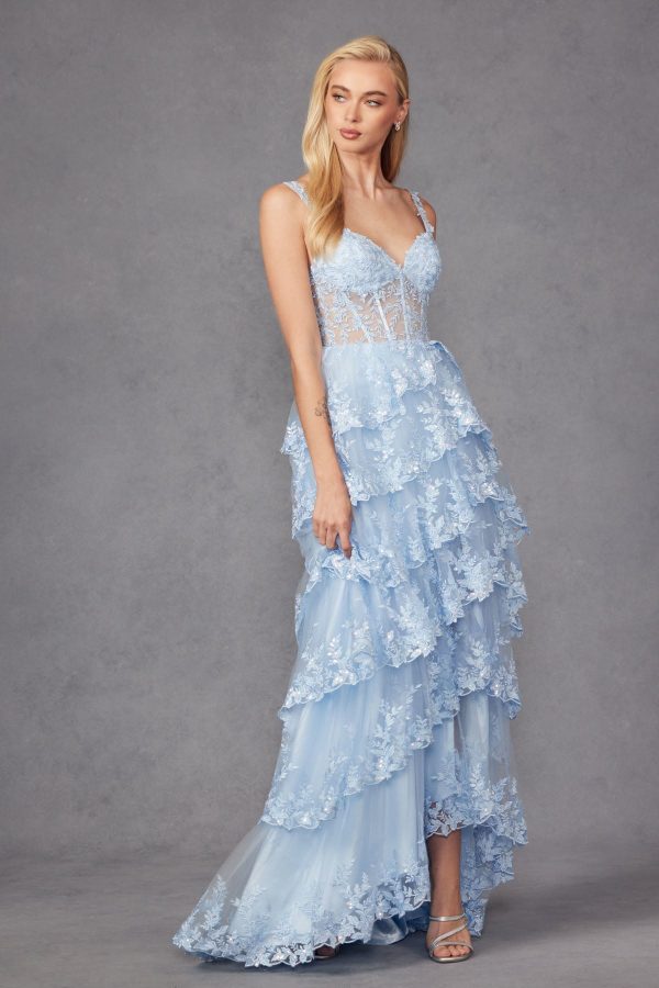 Tulle Lace Sequin Fitted Sheer Corset Bodice Ruffle Skirt High Slit Prom Dress JTJT2463A - Image 19