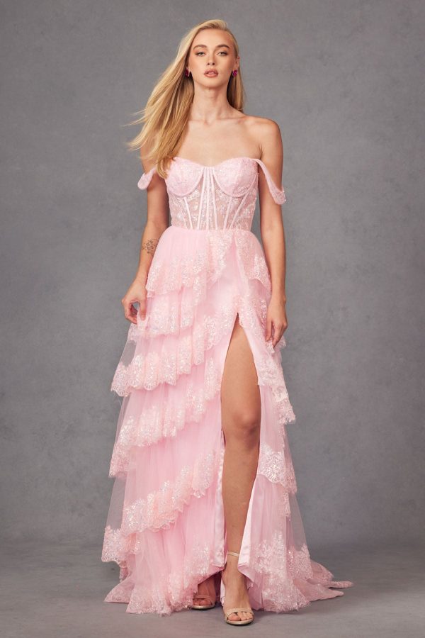 Ruffle Tulle Lace Sequin Off Shoulder Sheer Corset Bodice Long Prom Dress JTJT2467K - Image 7