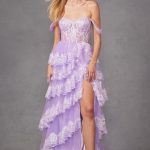 Ruffle Tulle Lace Sequin Off Shoulder Sheer Corset Bodice Long Prom Dress JTJT2467K