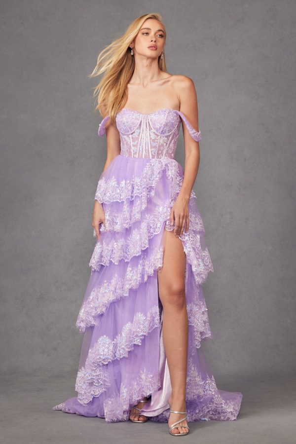 Ruffle Tulle Lace Sequin Off Shoulder Sheer Corset Bodice Long Prom Dress JTJT2467K - Image 19