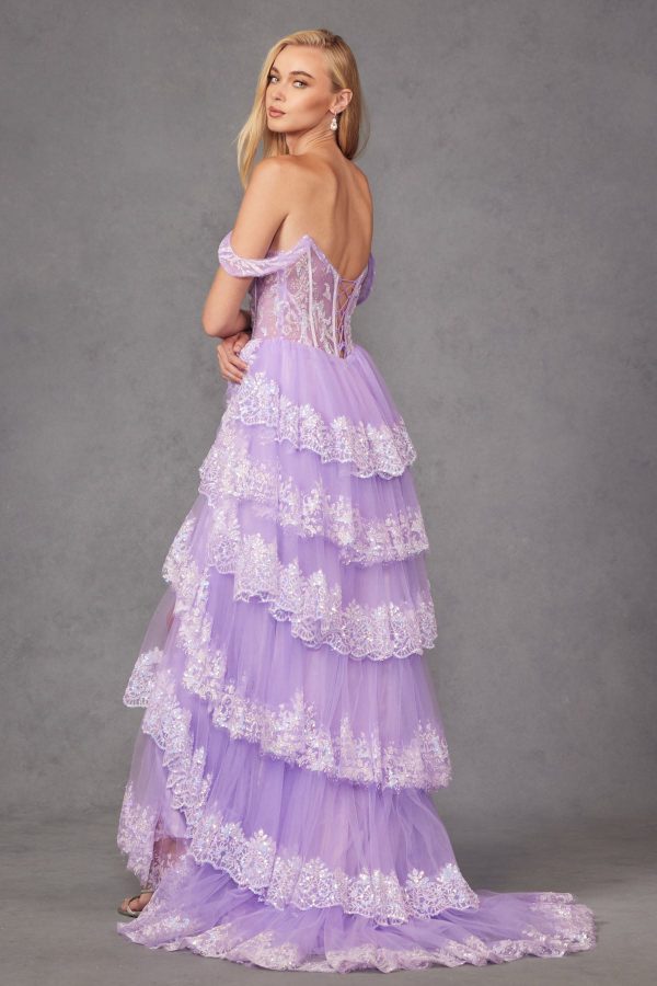 Ruffle Tulle Lace Sequin Off Shoulder Sheer Corset Bodice Long Prom Dress JTJT2467K - Image 4
