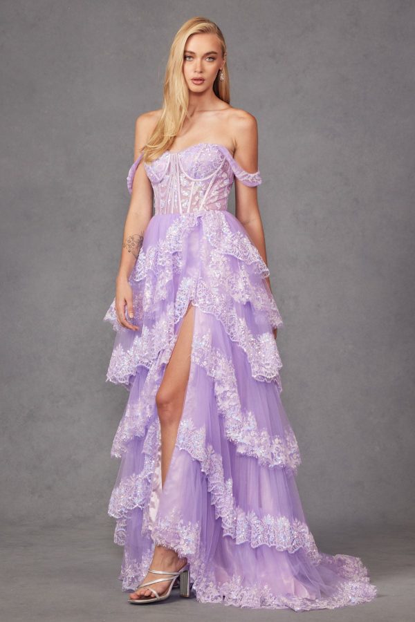 Ruffle Tulle Lace Sequin Off Shoulder Sheer Corset Bodice Long Prom Dress JTJT2467K - Image 3