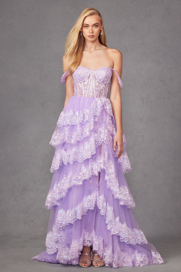 Ruffle Tulle Lace Sequin Off Shoulder Sheer Corset Bodice Long Prom Dress JTJT2467K - Image 2