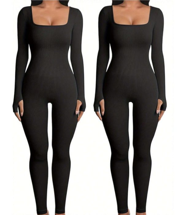 Women's Yoga Sports Fitness Jumpsuit Workout Long Sleeve Square Collar Clothing - Image 5