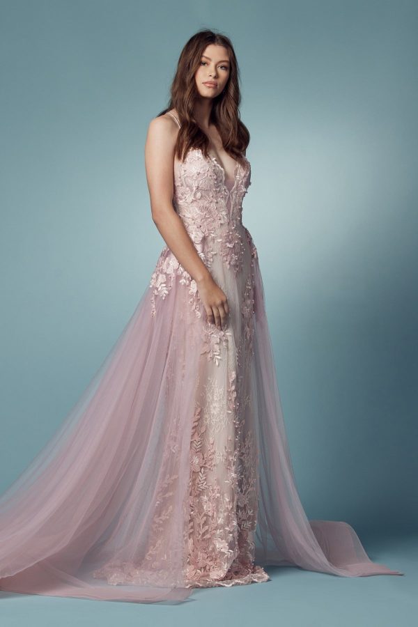Embroidered Lace Illusion V-Neck Tulle Skirt Long Prom Dress NXF485 - Image 2
