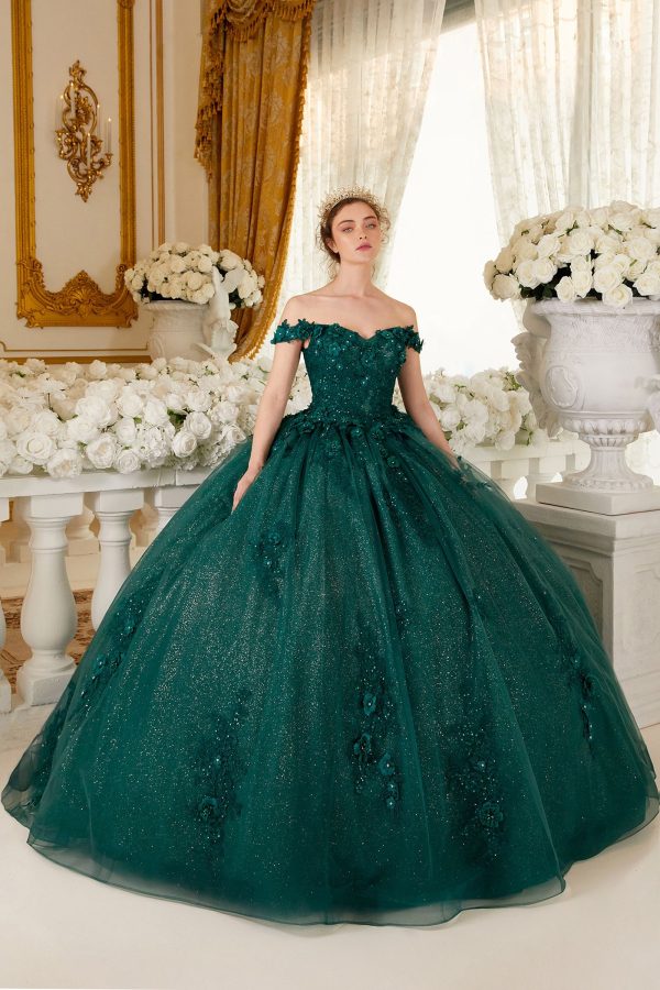 Off Shoulder Strapless Floral Sequin Open Back Long Quinceanera & Ball Dress CD15702 - Image 2